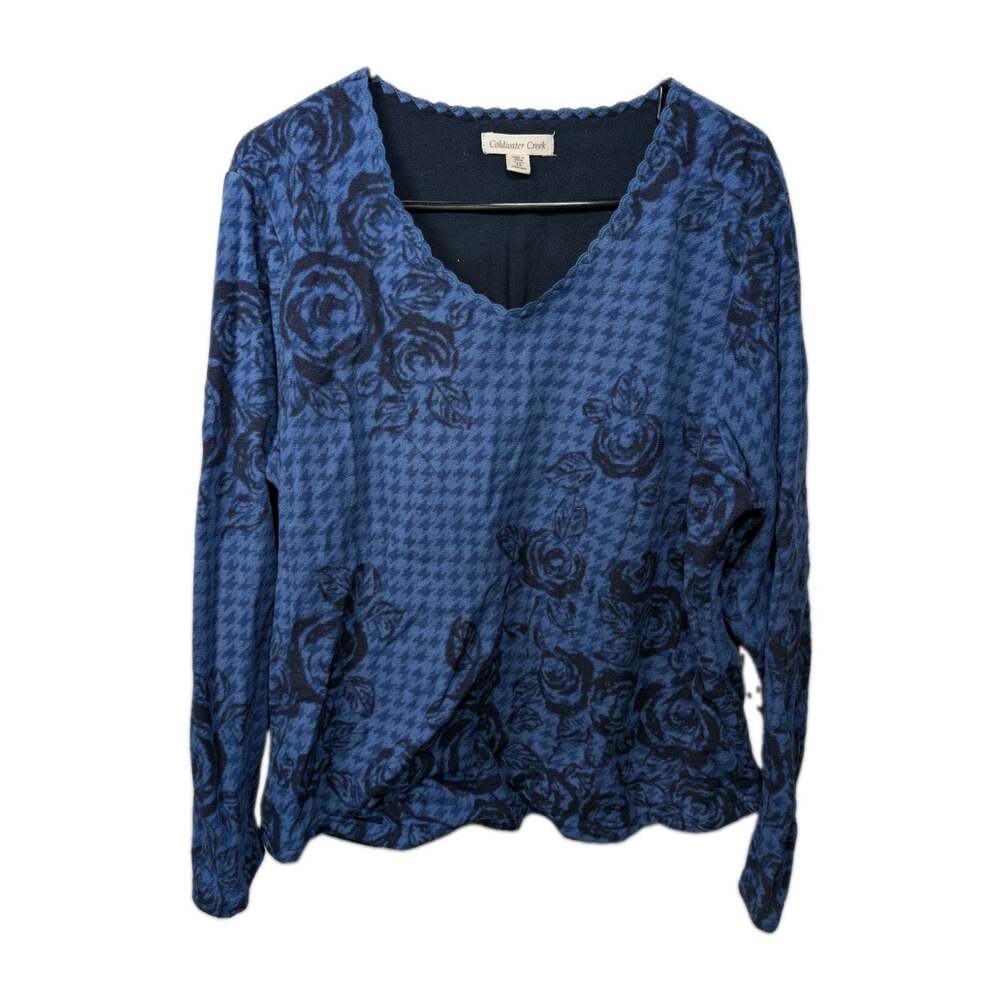 Coldwater Creek Sweater Womens 1X Blue Floral Houndstooth Pullover Fleece Knit